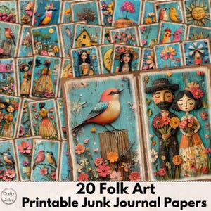 Folk Art Junk Journal Papers: Turquoise Scrapbook Collage (Digital Download)