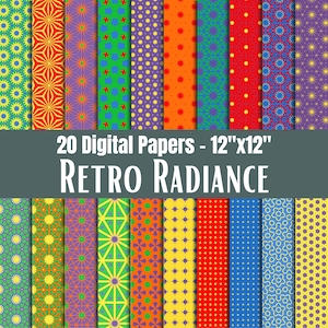 May include: A collection of 20 digital papers, each 12"x12", with a variety of colorful retro patterns. The designs include stars, dots, and geometric shapes in shades of yellow, orange, red, green, blue, and purple. The text "Retro Radiance" is displayed.