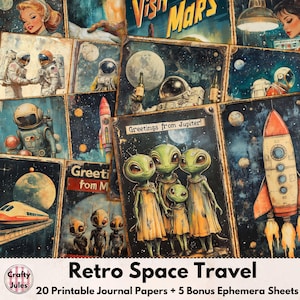 Papeles digitales de viaje espacial: 20 páginas imprimibles de ciencia ficción retro + 5 hojas efímeras adicionales, álbumes de recortes de ciencia ficción, diarios