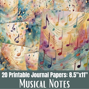 May include: A collection of 20 printable journal papers featuring a watercolor design of musical notes and staves in shades of blue, yellow, purple, and pink. Each paper measures 8.5" x 11". The text "MUSICAL NOTES" is displayed at the bottom.