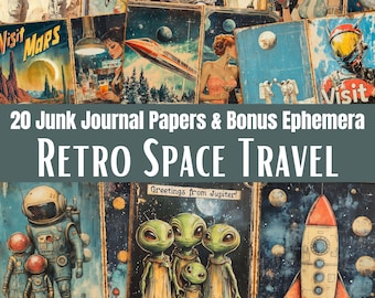 Space Travel Junk Journal Papers, Ephemera, Retro Sci-Fi Scrapbook Pages, Digital Download