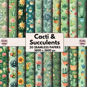 Patrones de suculentas sin costuras, 20 papeles imprimibles, uso comercial, cactus, plantas con flores, papeles para álbumes de recortes, collages, diarios y tarjetas.