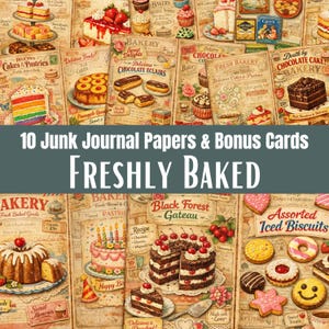 May include: A collage of vintage-style papers featuring illustrations of cakes, pastries, and baked goods. The papers include text such as "Freshly Baked," "Bakery," and "Delicious Treats." The image is a collection of 10 junk journal papers and bonus cards.