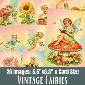 Vintage Fairy Journal Half-Papers, Printable Retro Pixie Note Cards, Garden Mushroom Pages