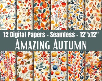 May include: A set of 12 digital seamless papers with autumnal designs. The papers showcase colourful illustrations of leaves, apples, pumpkins, and berries. The text "AMAZING AUTUMN" is displayed below the papers. Each paper measures 30.48cm x 30.48cm.