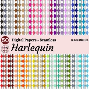 Può includere: Una collezione di 50 carte digitali senza cuciture con motivi a rombi di Arlecchino in vari colori. Ogni carta presenta un design a diamante. Le carte misurano 30,48 x 30,48 cm. L'immagine include il testo "Digital Papers - Seamless" e "Harlequin".
