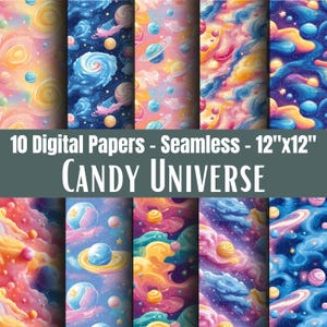 Candy Universe Sömlöst Digitalt Papper, Pastell Galax Mönster, Nebula Scrapbook Pack