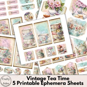 Folhas de itens efêmeros para impressão para a hora do chá vintage – 5 folhas digitais, 49 enfeites para diários de lixo e álbuns de recortes, download instantâneo