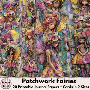 Papiers pour carnets numériques Patchwork Fairies - 20 pages de fantaisie imprimables, + cartes et ATC pour scrapbooks, journaux, collages, fabrication de cartes
