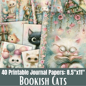 Puede incluir: Una colección de 40 papeles de diario imprimibles con ilustraciones de gatitos en bibliotecas, con gatos leyendo libros, usando gafas y rodeados de detalles florales y globos, que miden 21,59 cm por 27,94 cm.