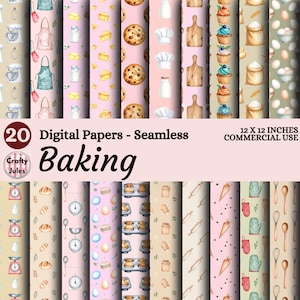 May include: A collection of 20 seamless digital papers with a baking theme. The papers feature illustrations of cupcakes, cookies, aprons, cheese, eggs, and other baking-related items. The text on the image reads "Digital Papers - Seamless Baking" and "12 X 12 INCHES COMMERCIAL USE".