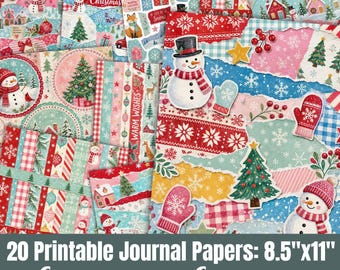 May include: A collection of 20 printable journal papers featuring a Christmas collage design. The papers display various patterns including snowmen, pine trees, red mittens, snowflakes, and plaid textures in red, green, blue, and white colors.