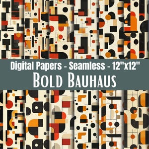 Pode incluir: Papéis digitais com um design Bauhaus arrojado. Os padrões contínuos apresentam formas geométricas em preto, laranja, vermelho e creme. O texto na imagem diz "Digital Papers - Seamless - 30.48cm x 30.48cm BOLD BAUHAUS."