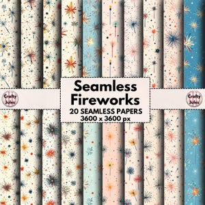 Patrones de fuegos artificiales sin costuras, 20 papeles imprimibles, para celebraciones, uso comercial, fondo de fiesta para cajas de regalo, papel de regalo, tarjetas e invitaciones.