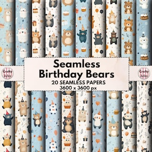 Moldes de urso de aniversário sem emendas: embrulho para presente de festa, cartões (download digital, 20 papéis JPG, 30x30 cm)