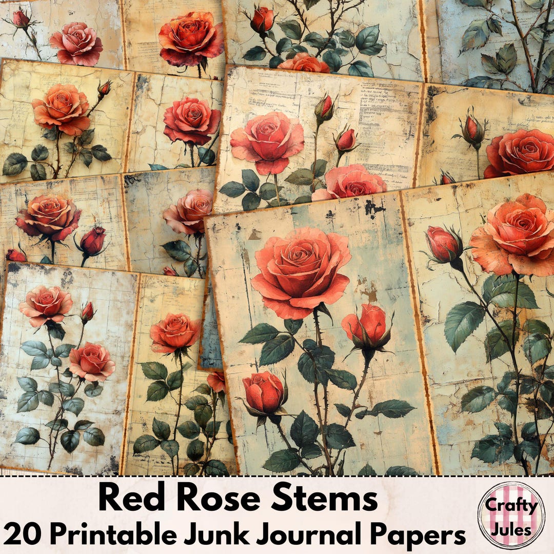 Rose Ribbon Journal Red Rose Digital Junk Journal Papers – 20 Grungy Printable Pages for ...