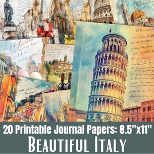 Könnte beinhalten: Eine Sammlung von 20 druckbaren Journal-Papieren mit Aquarellillustrationen italienischer Wahrzeichen wie dem Schiefen Turm von Pisa, dem Kolosseum und einem roten Roller, überlagert mit kursivem Text auf 21,6 cm mal 27,9 cm großen Seiten.