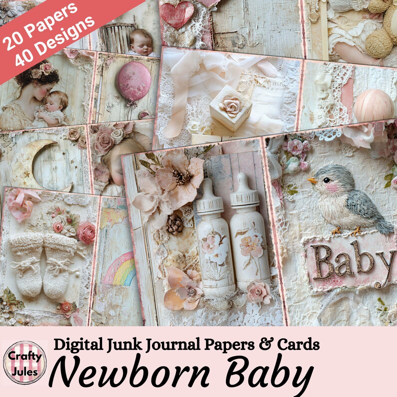 Newborn Baby Junk Journal Papers & Cards, Shabby Scrapbook and Craft ...