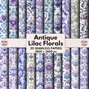Seamless Lilac Floral Patterns, 20 Printable Papers, Commercial Use, Antique Style, Repeat Designs, Collages, Scrapbooks, Journals, Cards