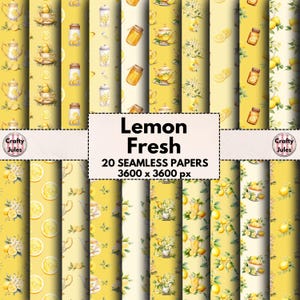 Patrones digitales sin costuras de limones, 20 papeles de mosaico imprimibles, fondos de frutas, papel de respaldo amarillo para álbumes de recortes, diarios y uso comercial.