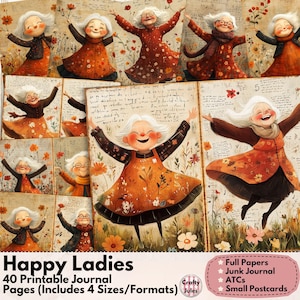 Happy Ladies Printable Journal Paper Pack – 40 páginas para diários de lixo, álbuns de recortes e artesanato em papel, 4 tamanhos (páginas inteiras, meia página, ATC, cartão postal)