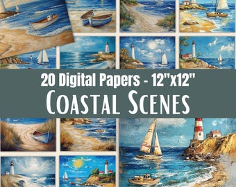 Küsten Leuchtturm Digital Papier, Nautische Strand Malerei Scrapbook Blätter, Ozean Szenen