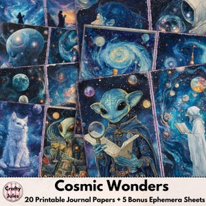 Papeles digitales de diario espacial: Maravilla cósmica, 20 páginas imprimibles + 5 hojas efímeras extra para álbumes de recortes, diarios y collages de ciencia ficción.