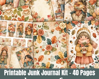 May include: A printable junk journal kit featuring 40 pages with autumn-themed illustrations of girls, pumpkins, fall foliage, acorns, and flowers in warm orange, brown, and green tones. The collection includes decorative borders and patterned paper.