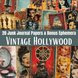 May include: A collection of 20 junk journal papers and bonus ephemera featuring a Vintage Hollywood theme. The imagery includes classic film projectors, golden statues, vintage microphones, vanity mirrors, and portraits of glamorous actors.
