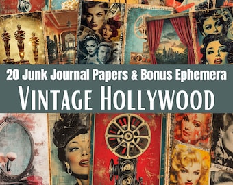 May include: A collection of 20 junk journal papers and bonus ephemera featuring a Vintage Hollywood theme. The imagery includes classic film projectors, golden statues, vintage microphones, vanity mirrors, and portraits of glamorous actors.