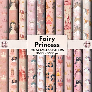Feenprinzessin Digitale nahtlose Muster, druckbare Kinderpapiere, Pastell, Einhörner, Märchen, Sammelalben, Journals, kommerzielle Nutzung