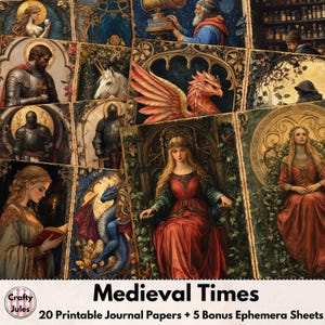 Medieval Digital Junk Journal Papers – 20 Printable Pages + 5 Bonus Ephemera Sheets, Middle Ages, Scrapbooks, Journals, History Collages