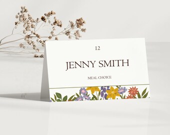 Plantilla de tarjetas de lugar de boda, tarjetas de lugar de boda florales minimalistas, tarjetas de lugar editables imprimibles - Estilo tienda con elección de comida