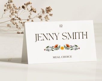 Plantilla de tarjetas de lugar de boda, tarjetas de lugar de boda florales minimalistas, tarjetas de lugar editables imprimibles - Estilo tienda con elección de comida