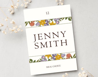 Plantilla de tarjetas de lugar de boda, tarjetas de lugar de boda florales minimalistas, tarjetas de lugar editables imprimibles - Estilo plano con elección de comida