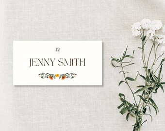 Plantilla de tarjetas de lugar de boda, tarjetas de lugar de boda florales minimalistas, tarjetas de lugar editables imprimibles - Estilo plano