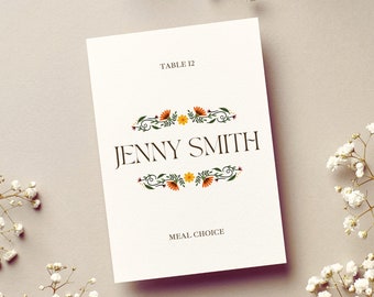 Plantilla de tarjetas de lugar de boda, tarjetas de lugar de boda florales minimalistas, tarjetas de lugar editables imprimibles - Estilo plano con elección de comida