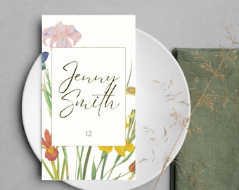 Plantilla de tarjetas de lugar de boda, tarjetas de lugar de boda florales minimalistas, tarjetas de lugar editables imprimibles - Estilo plano con elección de comida