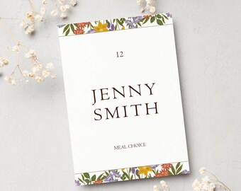 Plantilla de tarjetas de lugar de boda, tarjetas de lugar de boda florales minimalistas, tarjetas de lugar editables imprimibles - Estilo plano con elección de comida