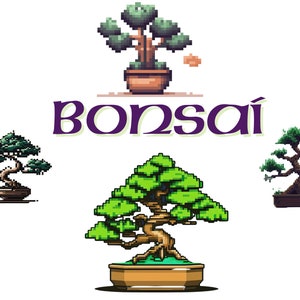May include: Four pixel art bonsai trees in pots. The trees are green and brown with a white background. The word "Bonsai" is written in purple text.