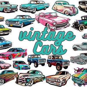 Classic Car Clipart | 25 PNG and SVG Files | Lowrider, Model A, Bronco, Cadillac, Plymouth, BMW | Sports Car Vehicles Graphic Clipart Bundle