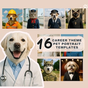 以下が含まれることがあります： さまざまな職業をテーマにした、16種類のペットポートレートテンプレートのコレクションです。テンプレートには、犬、猫、ウサギなど、さまざまな動物が、職業をテーマにしたさまざまな衣装を着ています。画像の中央には、「16 CAREER THEME PET PORTRAIT TEMPLATES」というテキストが表示されています。