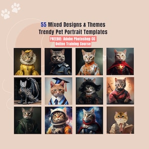 55 Mixed Designs & Themes Trendy Pet Portrait Templates Bundle, Animal Background Overlay Set Graduation Cat Dog Digital File