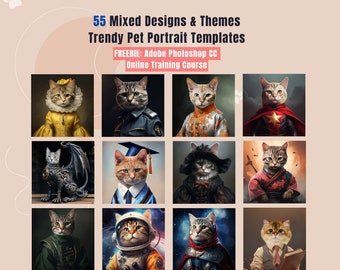 Paquete de 55 plantillas de retratos de mascotas con diseños y temas variados, superposición de fondos de animales, archivo digital de graduación para gatos y perros.