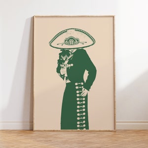 Charra Mexicana Print Mariachi Printable Trendy Mexican Wall Art Dziewczęcy Meksykański Wystrój Zielona Sztuka Ścienna Wystrój Domku Wiejskiego Modny Wydruk, MX-13