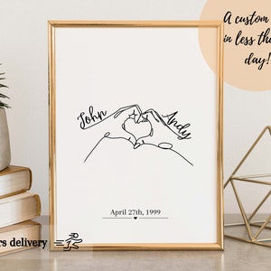 Custom Hands Heart Line Art, Couples Gift, Customized Couple Gift, Anniversary Gift, Valentines Day Gift, Valentines Day Digital Print C-2 image 2