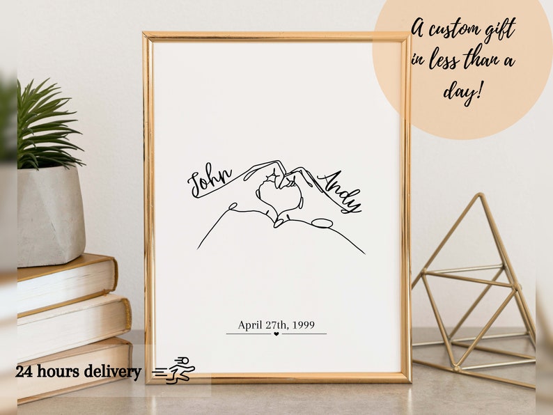 Custom Hands Heart Line Art, Couples Gift, Customized Couple Gift, Anniversary Gift, Valentines Day Gift, Valentines Day Digital Print C-2 image 2