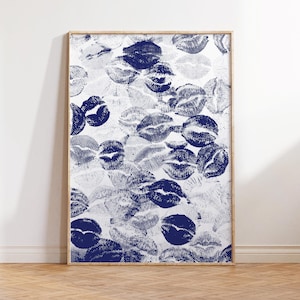 Navy Blue Wall Art Aesthetic Wall Art Blue Art Print Aesthetic Room Decor Kiss Lips Wall Art y2k Wall Decor Navy Blue Aesthetic Print, VT-82