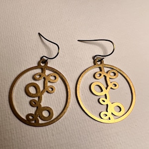 Brass drop long flat squiggly pattern circle charm boho earrings