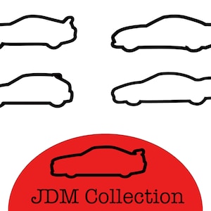 May include: A set of five black and white outline car silhouettes. The cars are all different styles, including a coupe, a sedan, and a hatchback. The silhouettes are on a white background with a red circle at the bottom that says "JDM Collection".